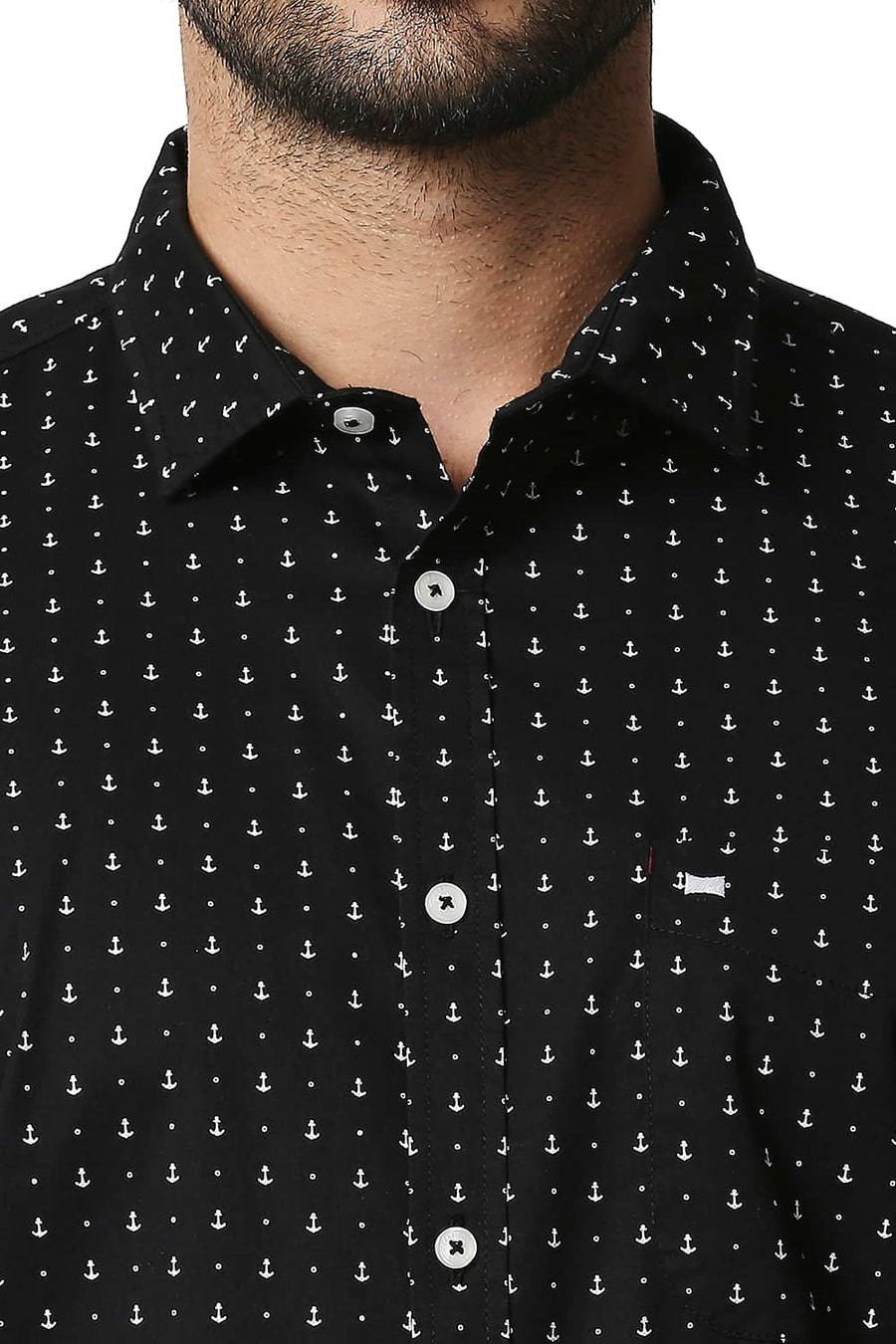 BASICS SLIM FIT ANTHRACITE BLACK TWILL PRINTED SHIRT