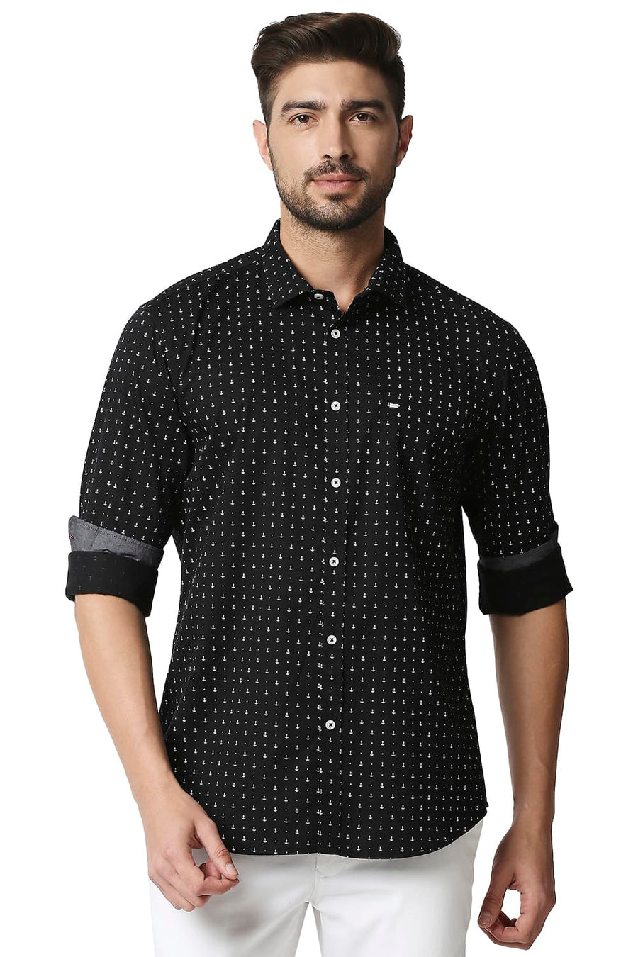 BASICS SLIM FIT ANTHRACITE BLACK TWILL PRINTED SHIRT