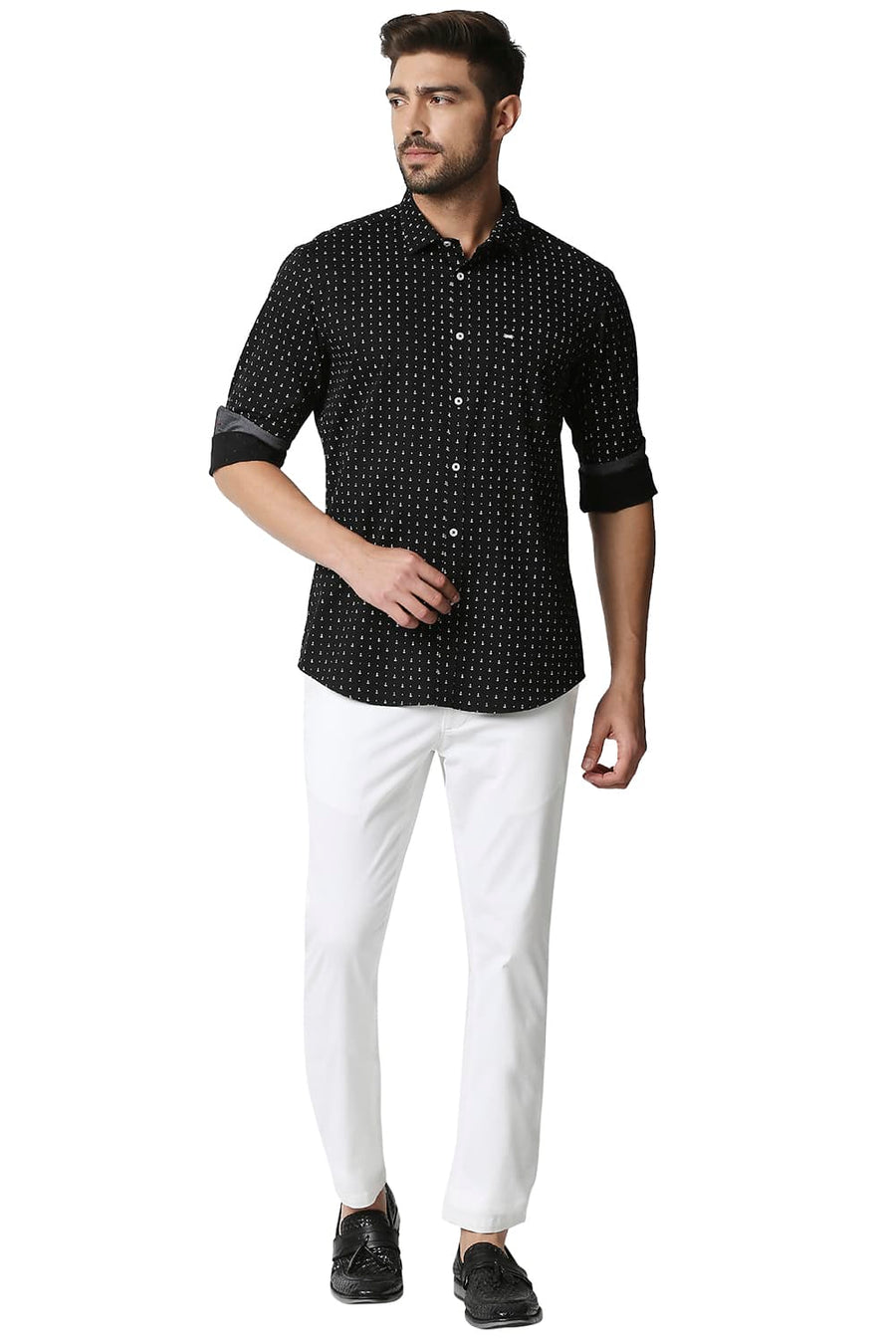 BASICS SLIM FIT ANTHRACITE BLACK TWILL PRINTED SHIRT