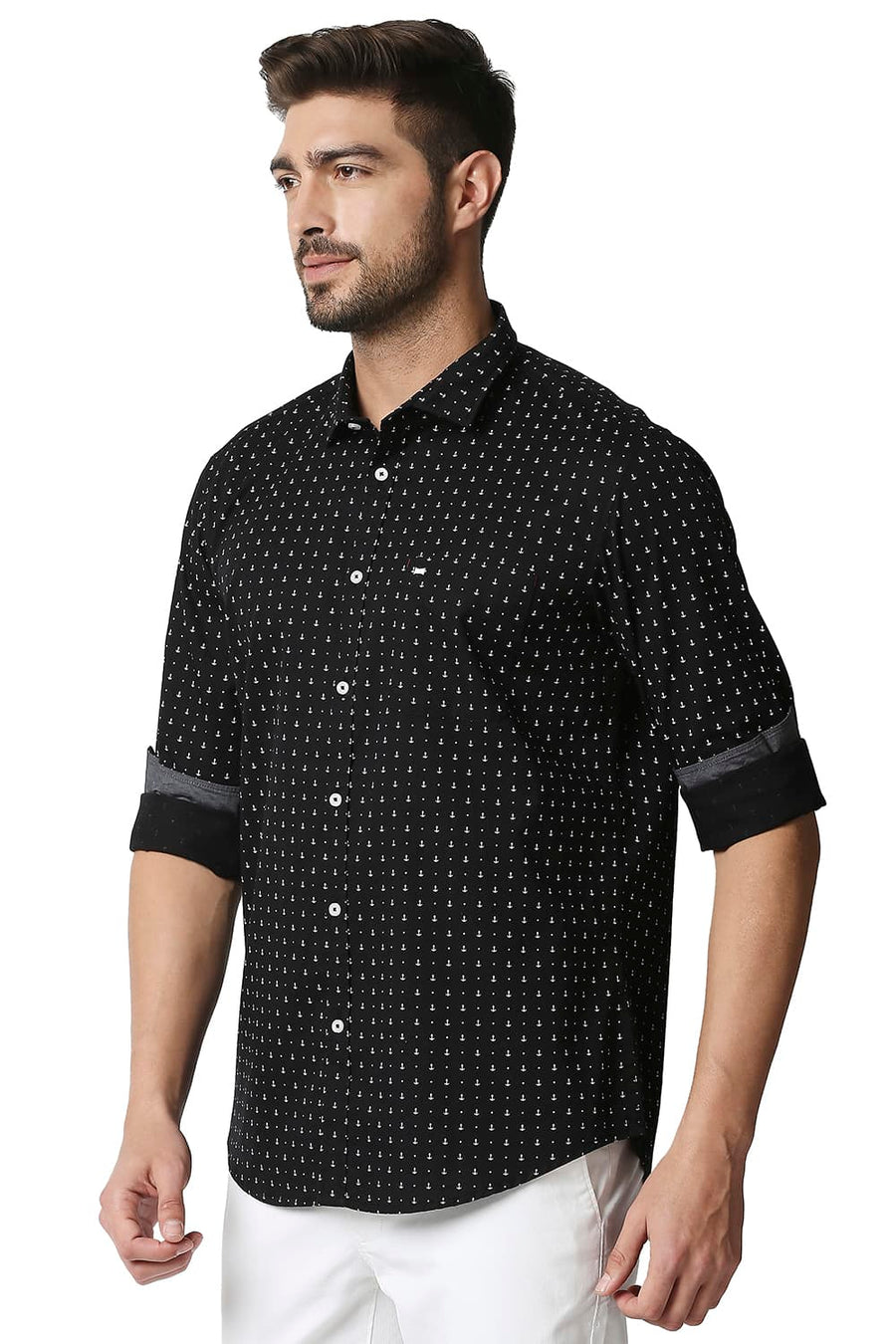 BASICS SLIM FIT ANTHRACITE BLACK TWILL PRINTED SHIRT