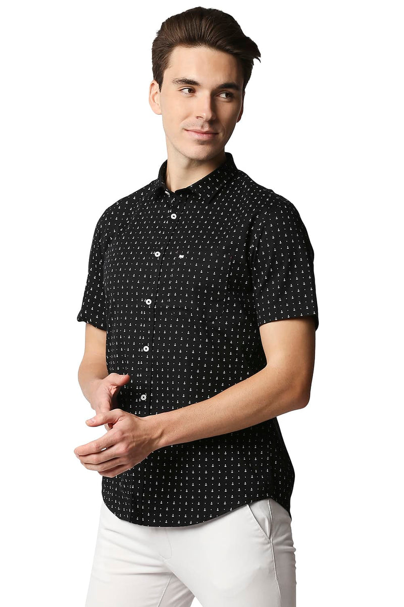 BASICS SLIM FIT TWILL PRINTED HALFSLEEVES SHIRT