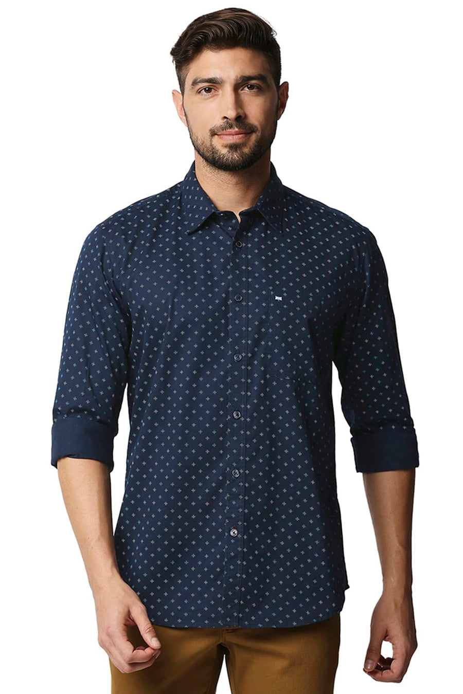 BASICS SLIM FIT CARBON NAVY TWILL PRINTED SHIRT