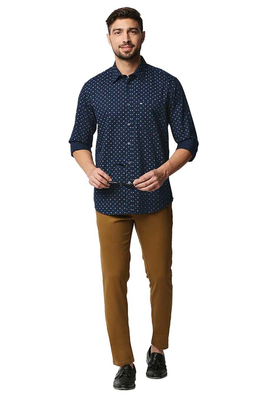 BASICS SLIM FIT CARBON NAVY TWILL PRINTED SHIRT