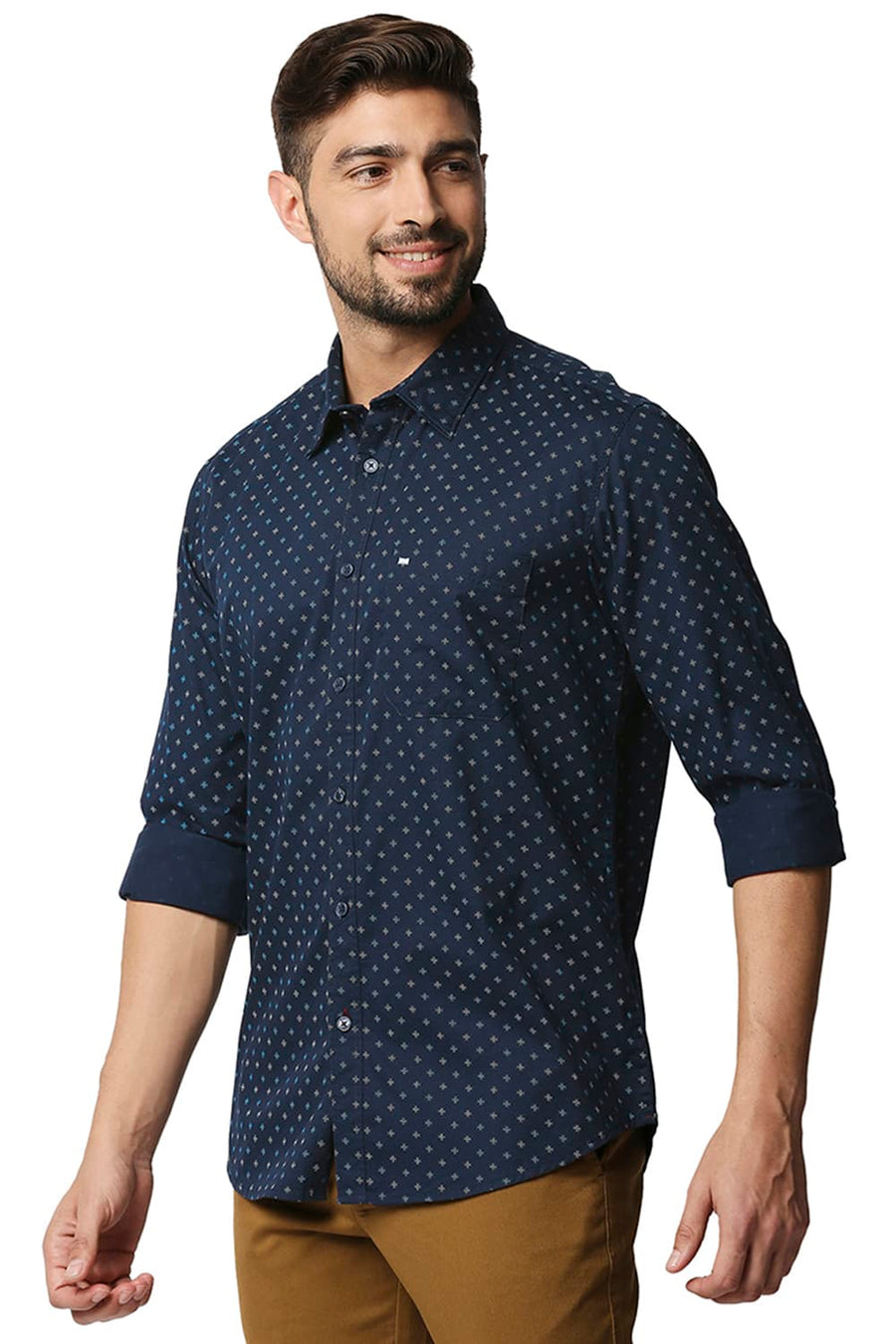 BASICS SLIM FIT CARBON NAVY TWILL PRINTED SHIRT