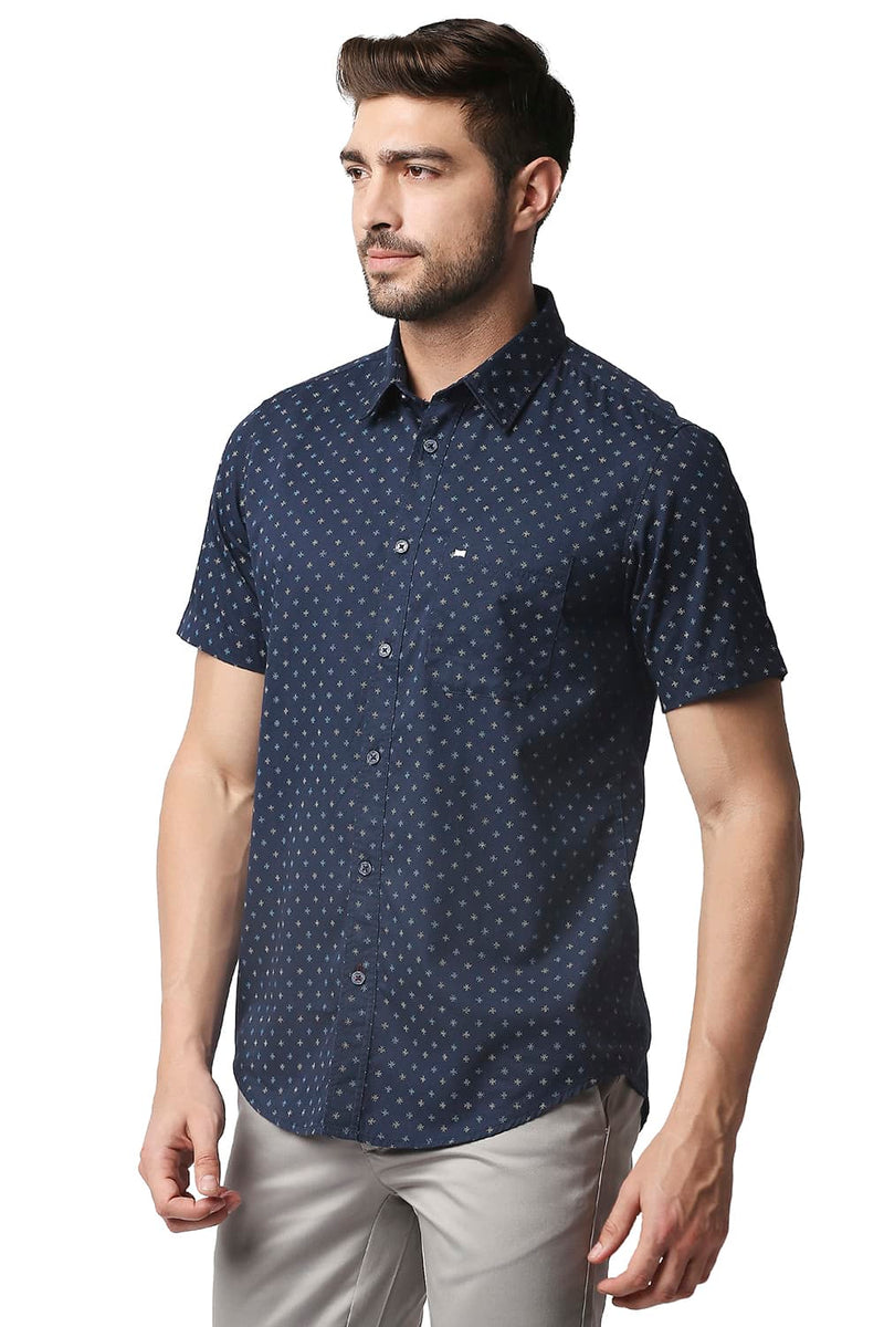 BASICS SLIM FIT TWILL PRINTED HALFSLEEVES SHIRT