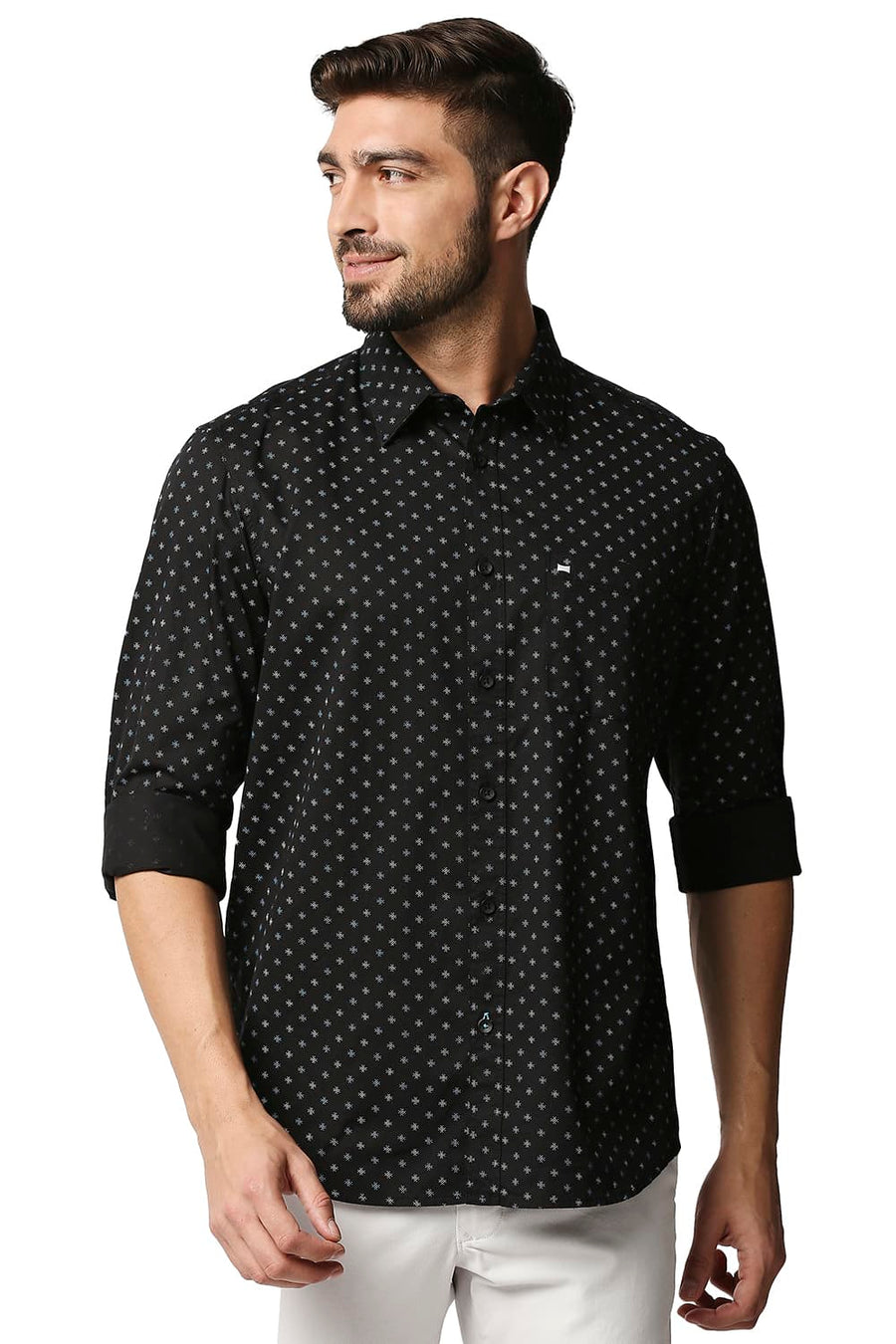 BASICS SLIM FIT ANTHRACITE BLACK TWILL PRINTED SHIRT