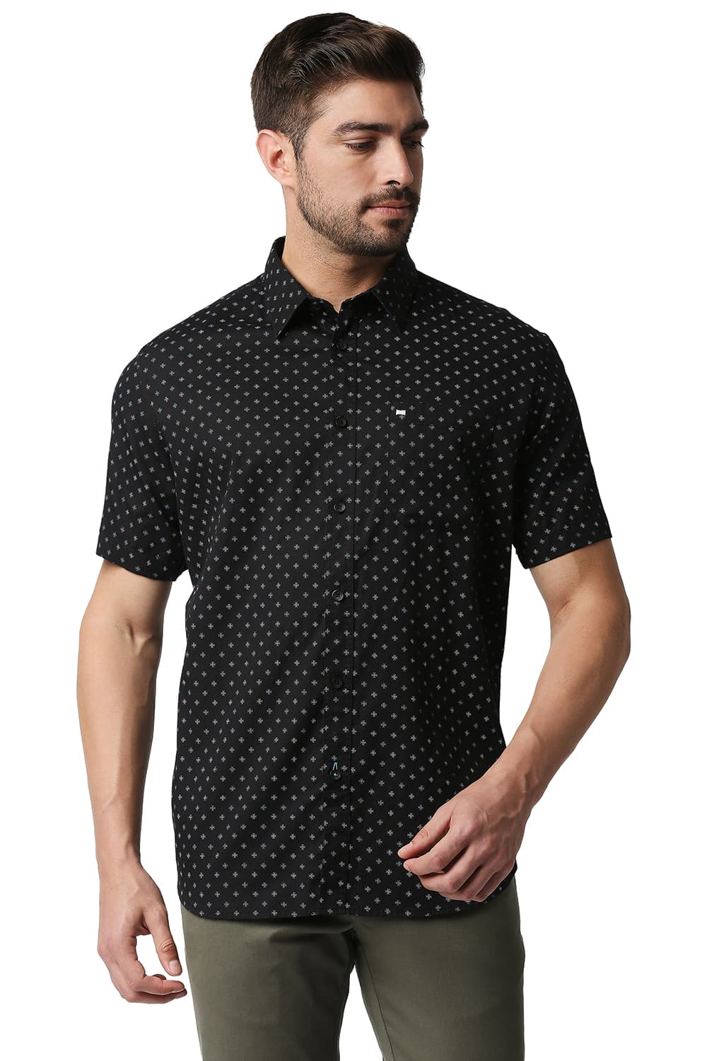 BASICS SLIM FIT TWILL PRINTED HALFSLEEVES SHIRT