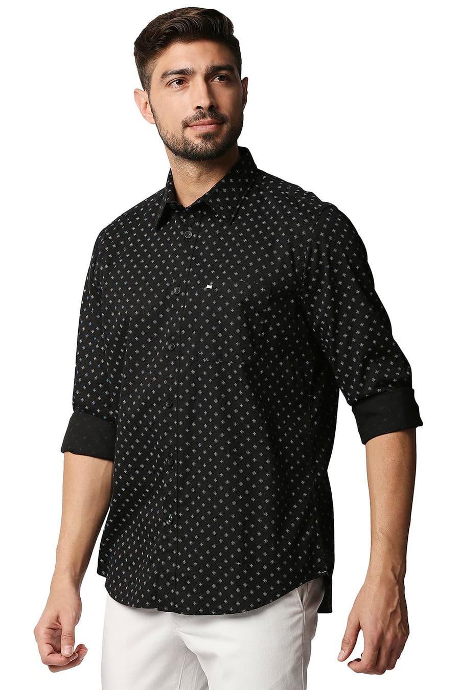 BASICS SLIM FIT ANTHRACITE BLACK TWILL PRINTED SHIRT