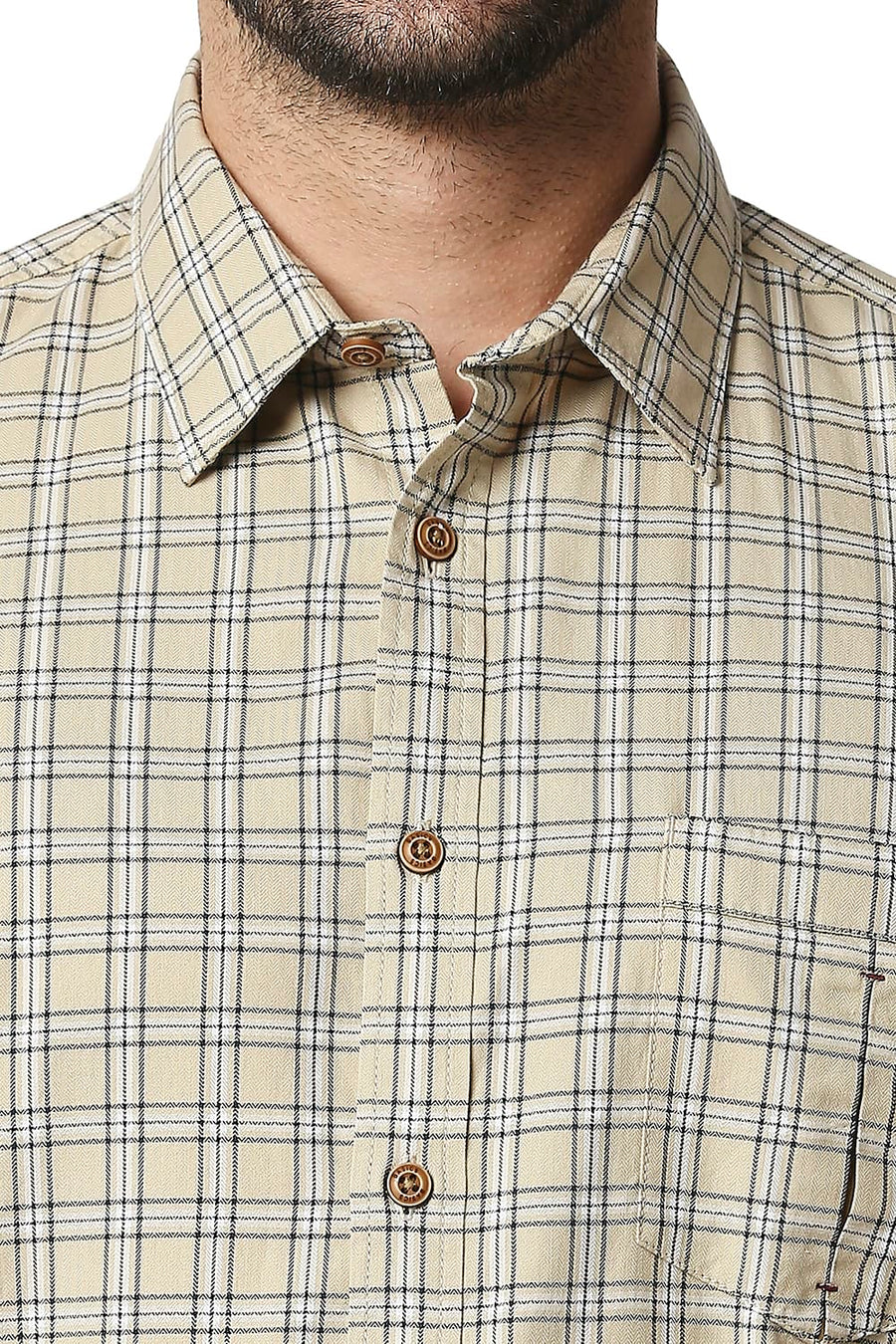 BASICS SLIM FIT MOJAVE KHAKI TWILL CHECKS SHIRT SHIRT