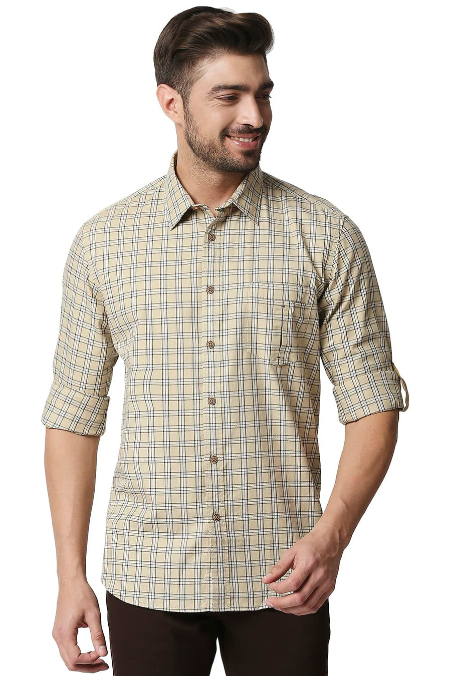 BASICS SLIM FIT MOJAVE KHAKI TWILL CHECKS SHIRT SHIRT