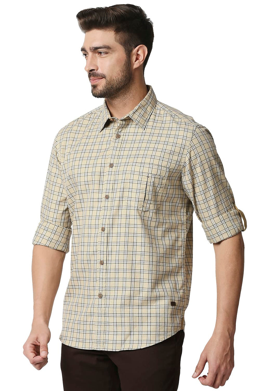 BASICS SLIM FIT MOJAVE KHAKI TWILL CHECKS SHIRT SHIRT
