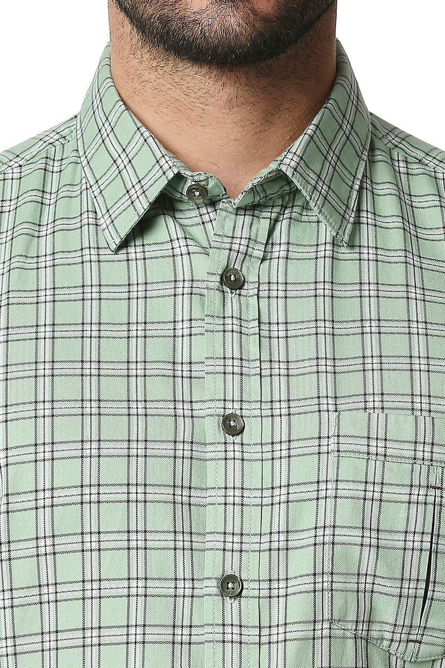 BASICS SLIM FIT PEAPOD GREEN TWILL CHECKS SHIRT SHIRT
