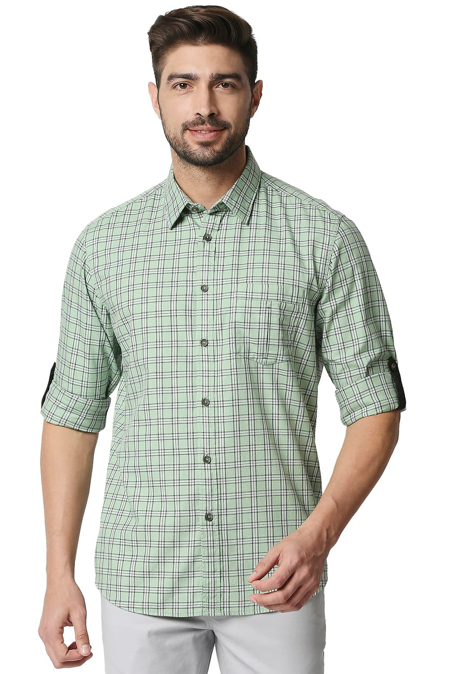 BASICS SLIM FIT PEAPOD GREEN TWILL CHECKS SHIRT SHIRT
