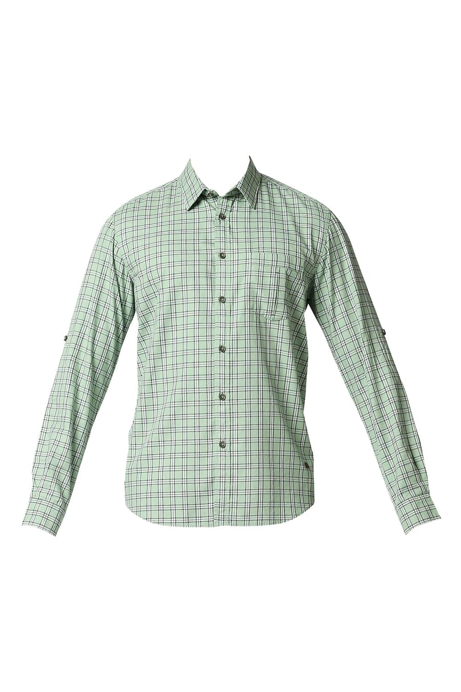 BASICS SLIM FIT PEAPOD GREEN TWILL CHECKS SHIRT SHIRT