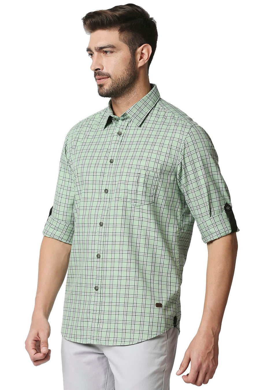 BASICS SLIM FIT PEAPOD GREEN TWILL CHECKS SHIRT SHIRT