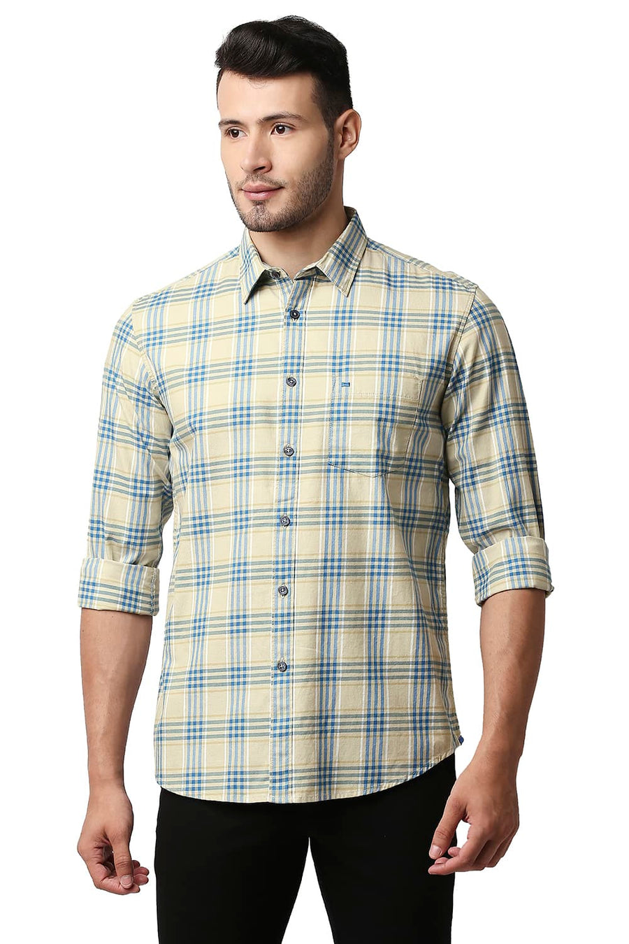 BASICS SLIM FIT MARZIPAN BEIGE TWILL CHECKS SHIRT
