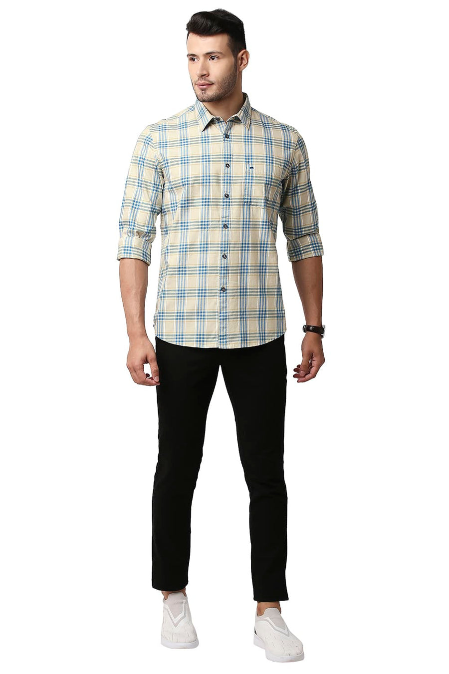 BASICS SLIM FIT MARZIPAN BEIGE TWILL CHECKS SHIRT