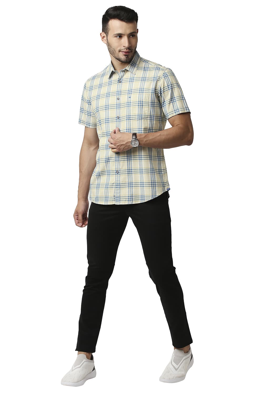 BASICS SLIM FIT TWILL CHECKS HALFSLEEVES SHIRT