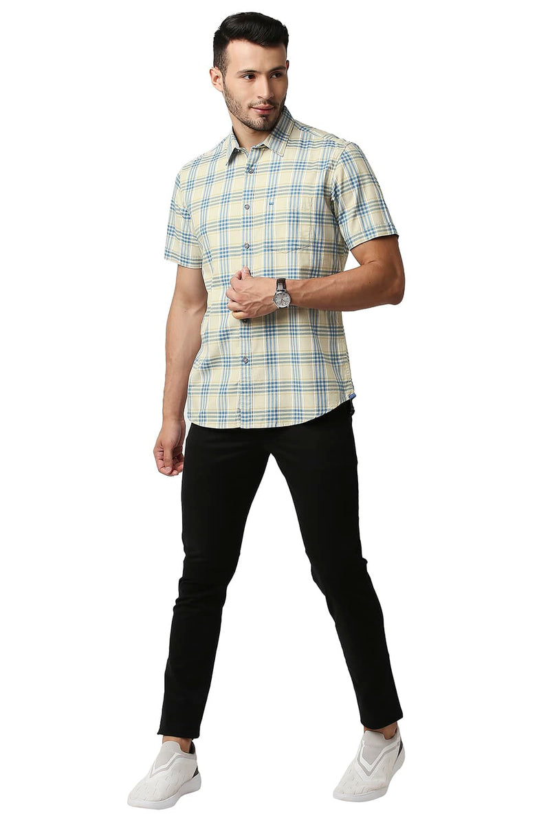 BASICS SLIM FIT TWILL CHECKS HALFSLEEVES SHIRT