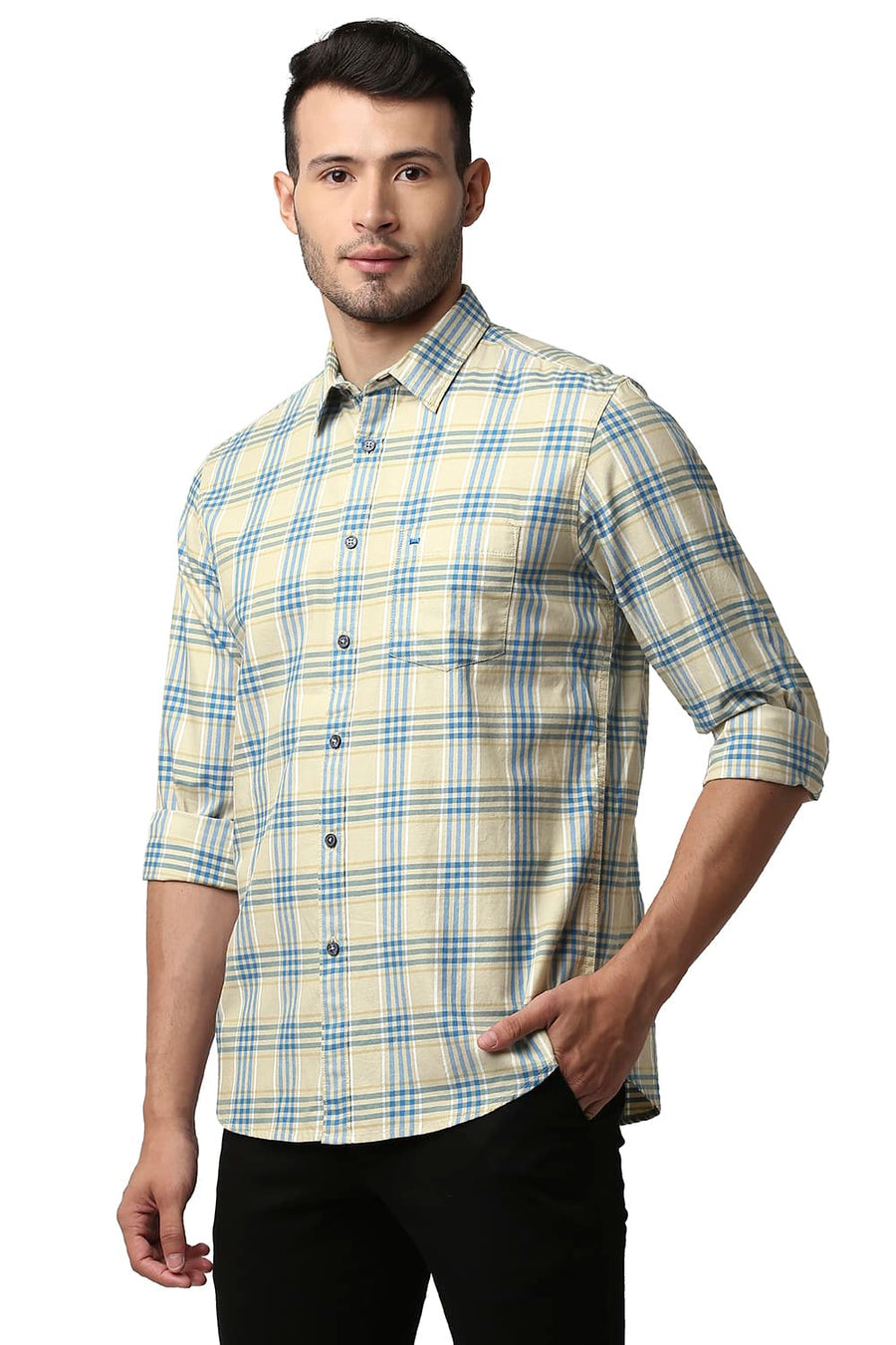 BASICS SLIM FIT MARZIPAN BEIGE TWILL CHECKS SHIRT