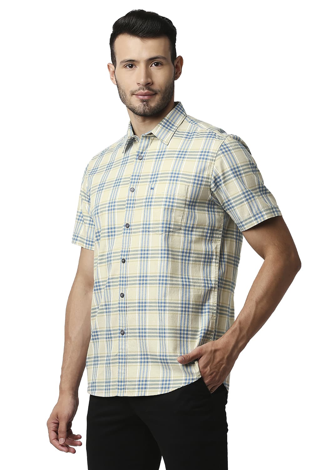 BASICS SLIM FIT TWILL CHECKS HALFSLEEVES SHIRT