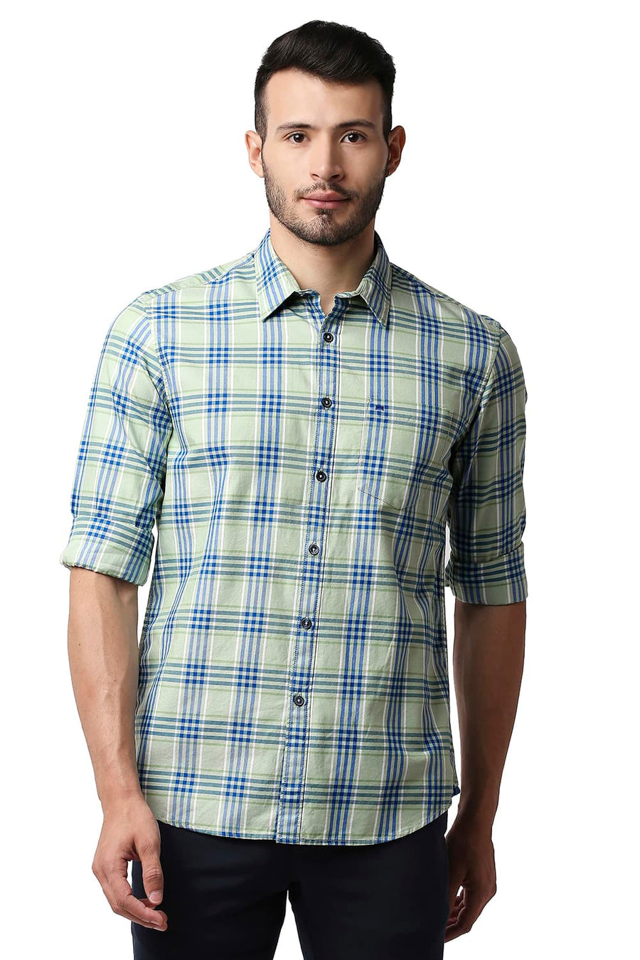 BASICS SLIM FIT GLEAM GREEN TWILL CHECKS SHIRT
