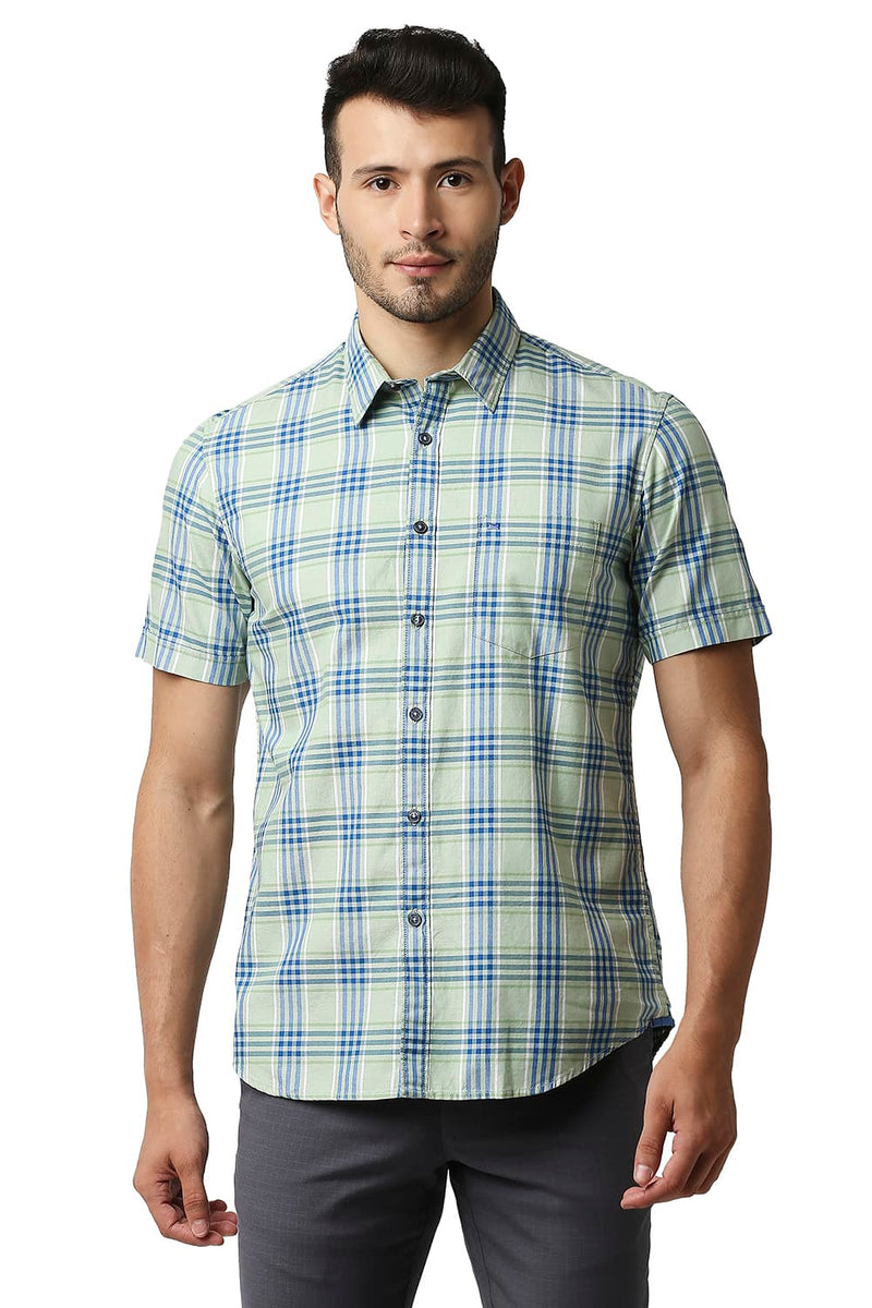 BASICS SLIM FIT TWILL CHECKS HALFSLEEVES SHIRT