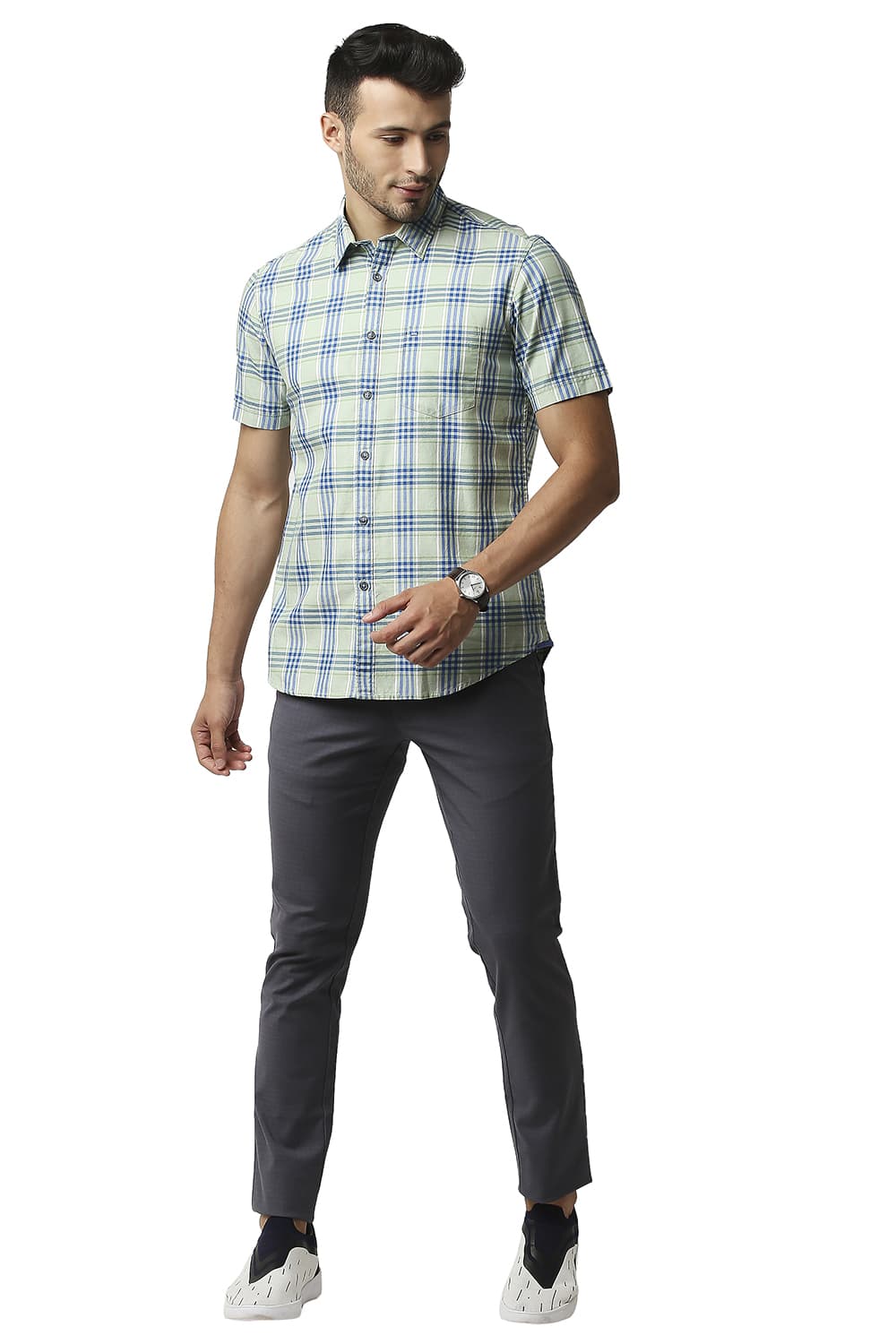 BASICS SLIM FIT TWILL CHECKS HALFSLEEVES SHIRT