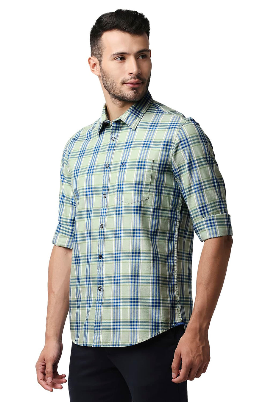 BASICS SLIM FIT GLEAM GREEN TWILL CHECKS SHIRT
