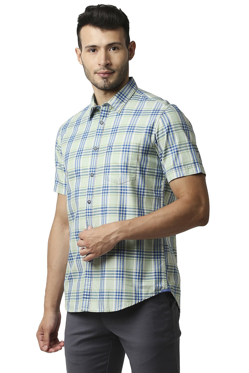 BASICS SLIM FIT TWILL CHECKS HALFSLEEVES SHIRT