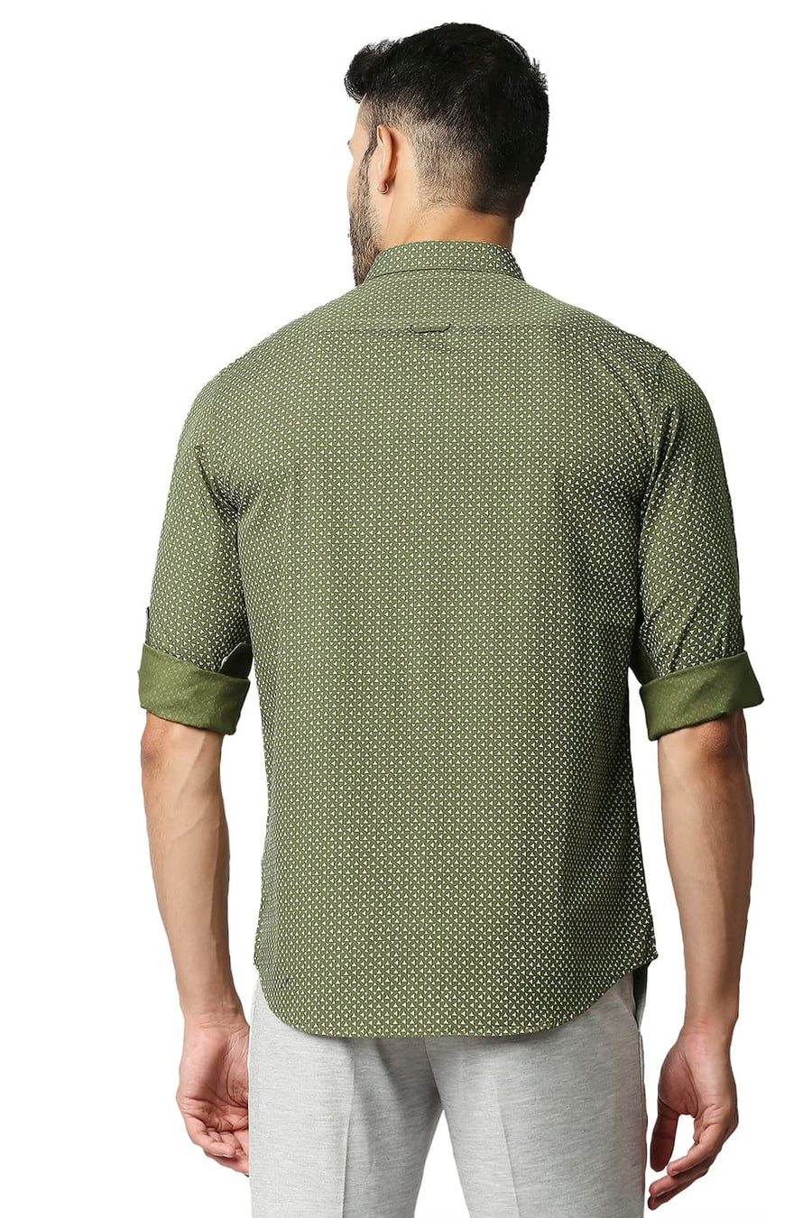 BASICS SLIM FIT AVOCADO GREEN POPLIN PRINTED SHIRT