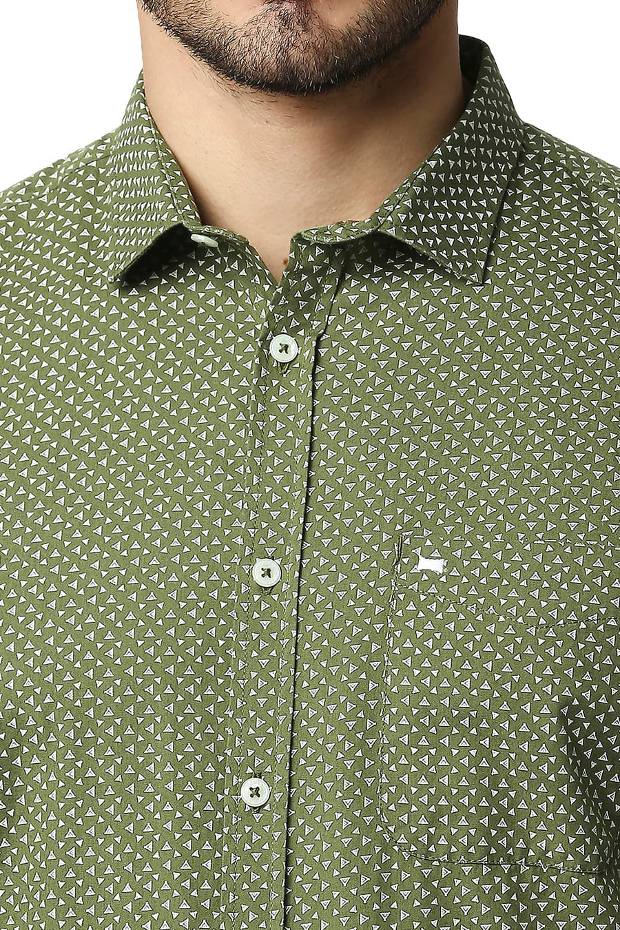 BASICS SLIM FIT AVOCADO GREEN POPLIN PRINTED SHIRT