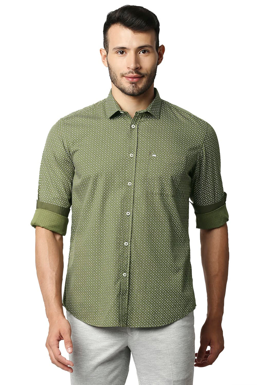 BASICS SLIM FIT AVOCADO GREEN POPLIN PRINTED SHIRT