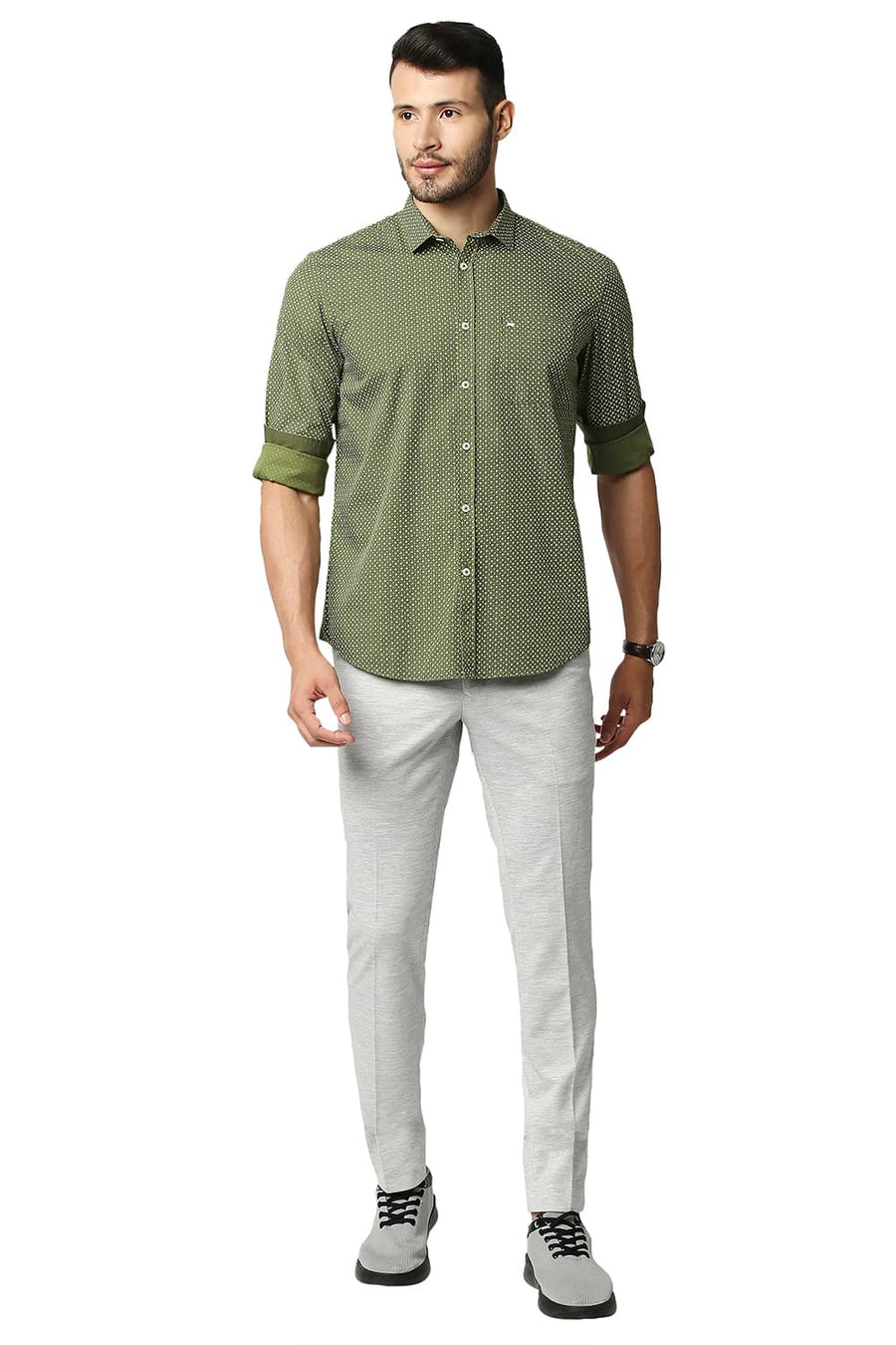 BASICS SLIM FIT AVOCADO GREEN POPLIN PRINTED SHIRT