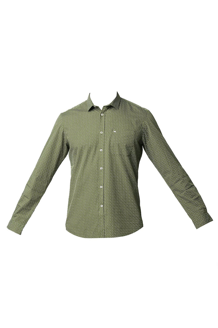 BASICS SLIM FIT AVOCADO GREEN POPLIN PRINTED SHIRT