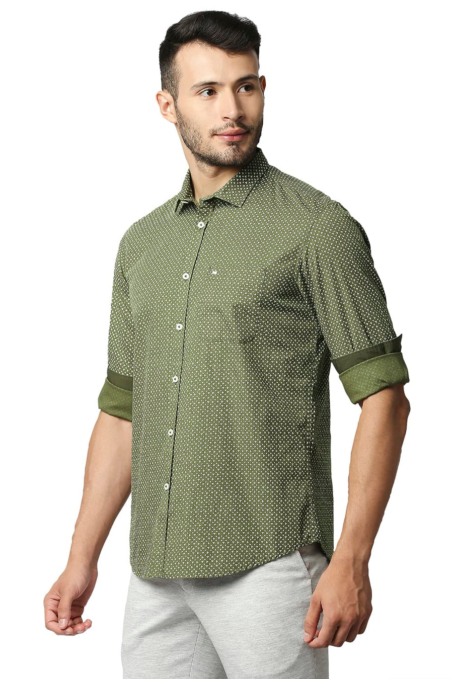 BASICS SLIM FIT AVOCADO GREEN POPLIN PRINTED SHIRT