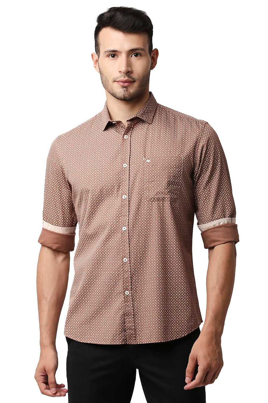 BASICS SLIM FIT TOASTED BROWN POPLIN PRINTED SHIRT