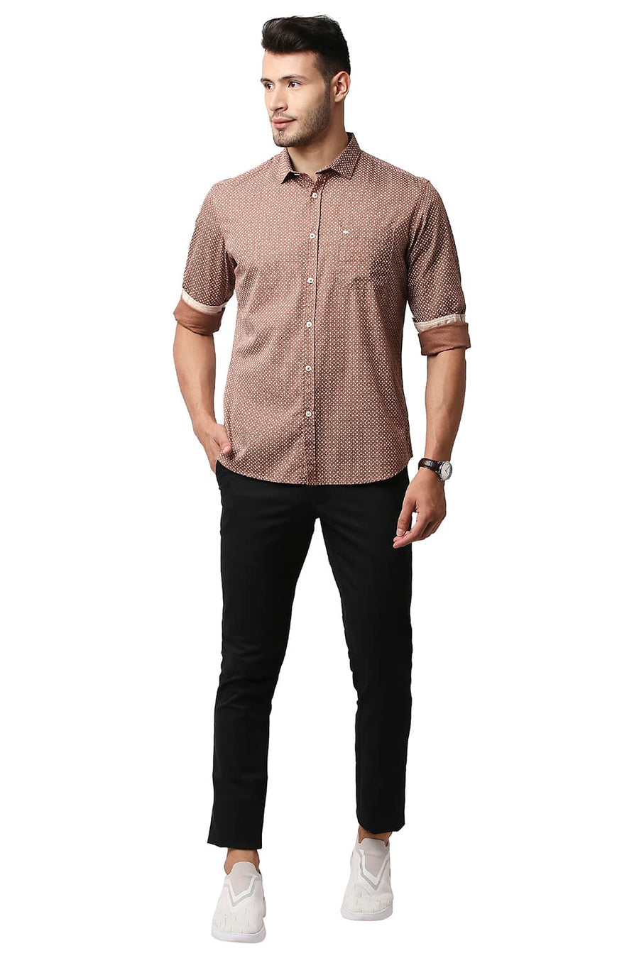 BASICS SLIM FIT TOASTED BROWN POPLIN PRINTED SHIRT