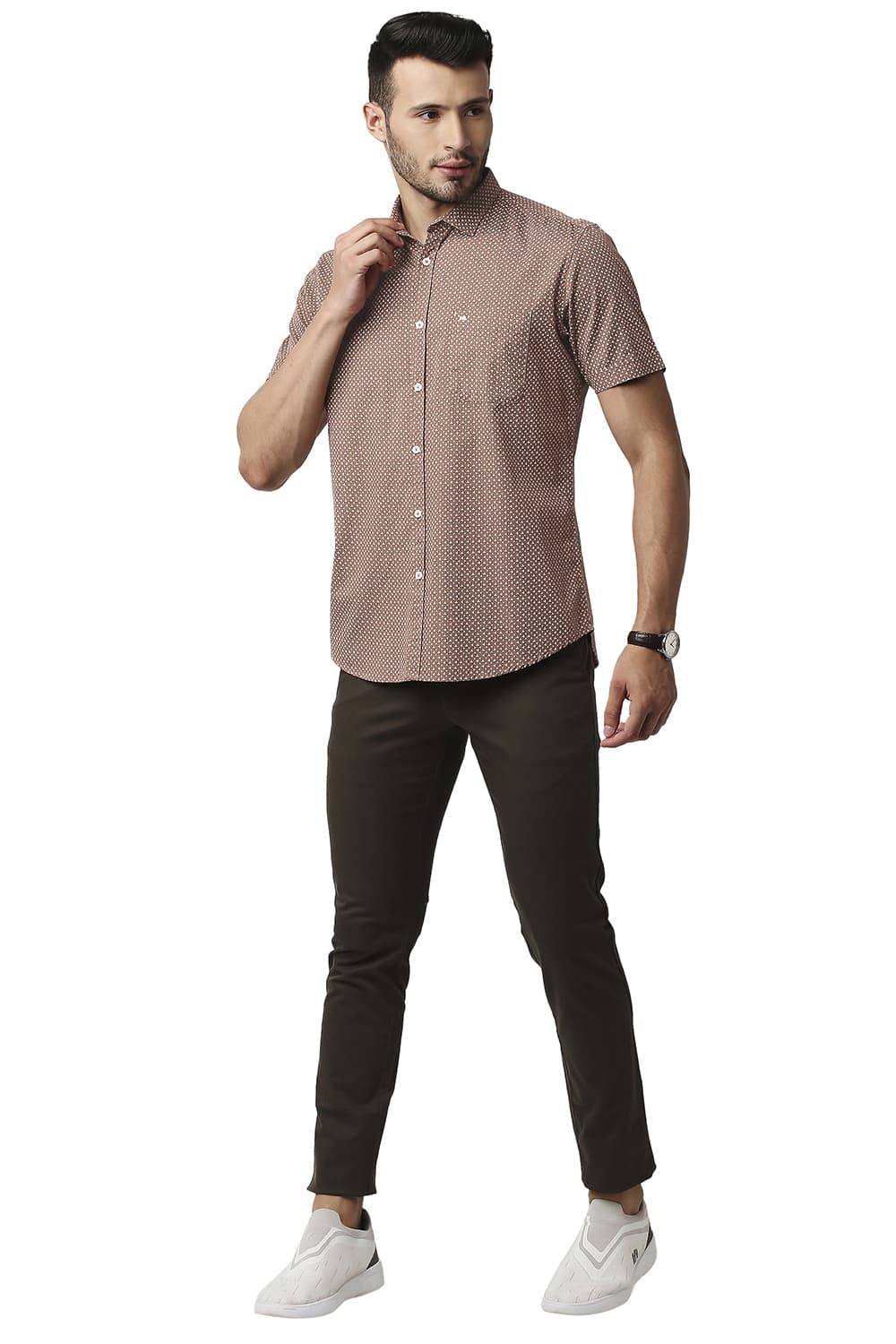 BASICS SLIM FIT POPLIN PRINTED HALFSLEEVES SHIRT