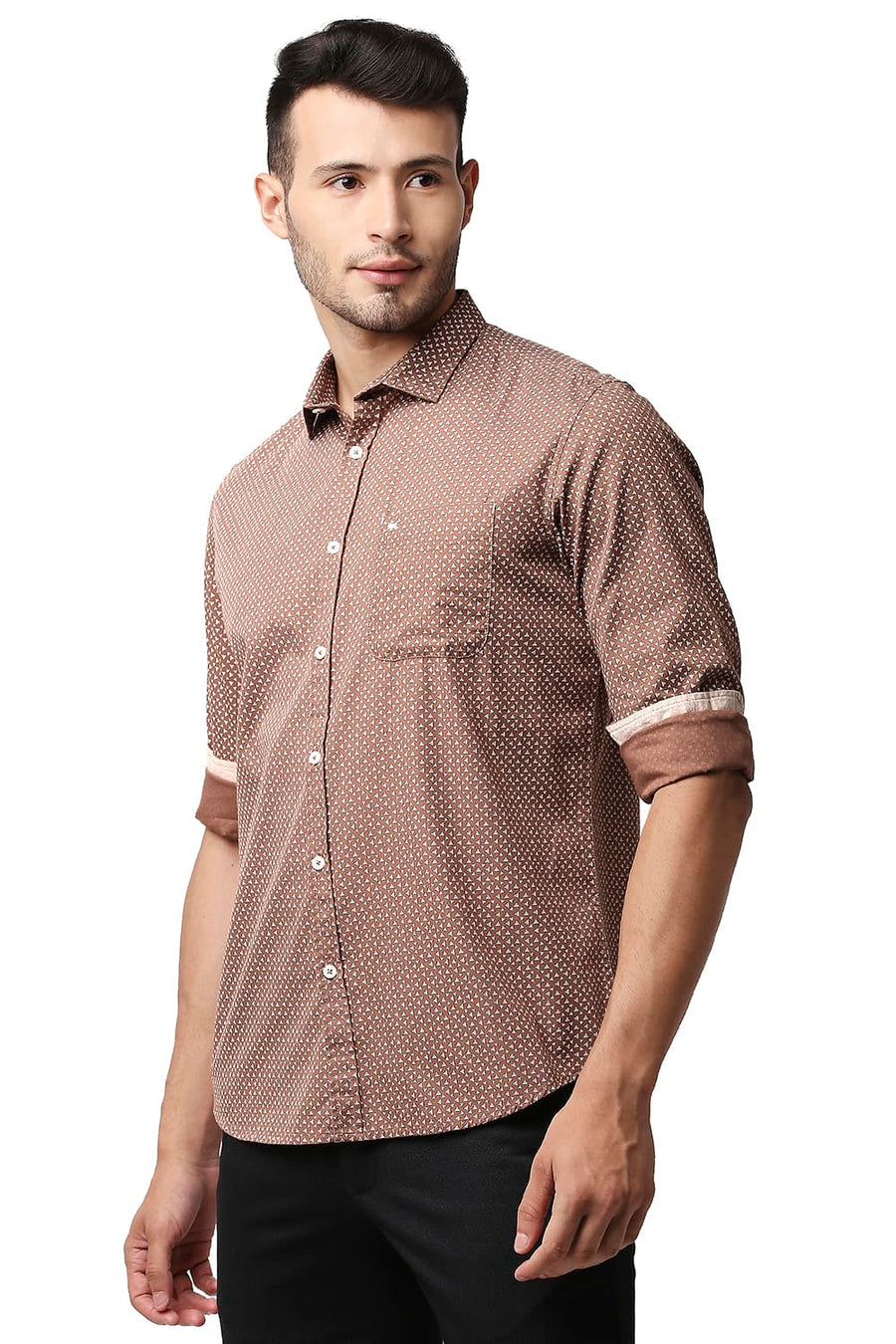 BASICS SLIM FIT TOASTED BROWN POPLIN PRINTED SHIRT