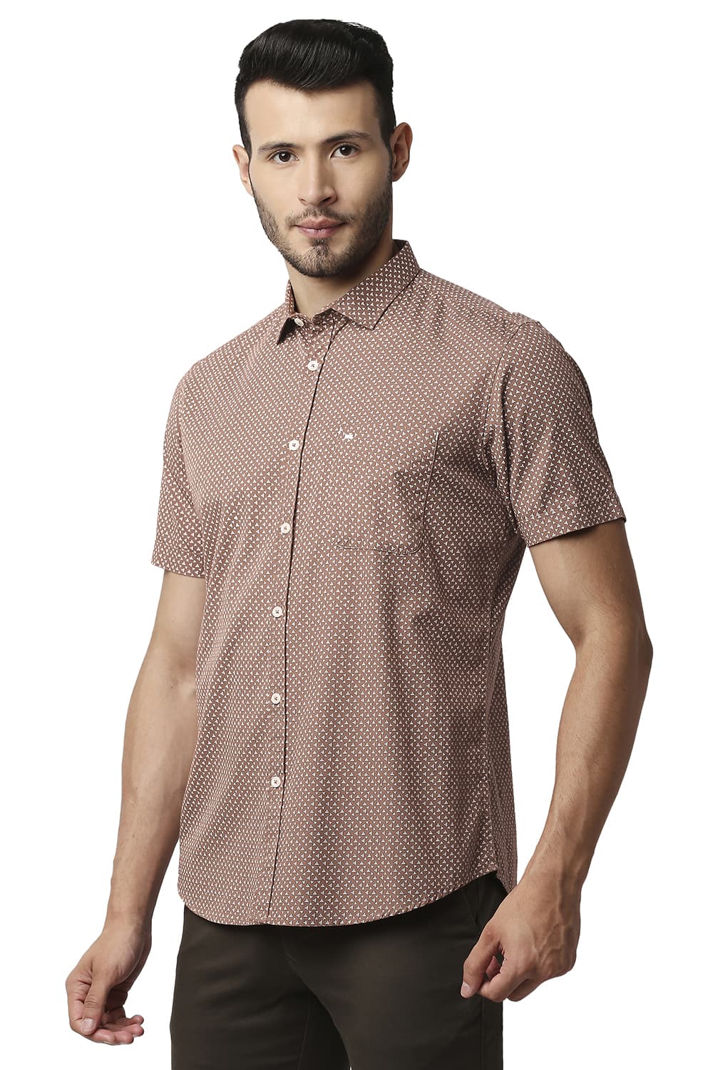 BASICS SLIM FIT POPLIN PRINTED HALFSLEEVES SHIRT