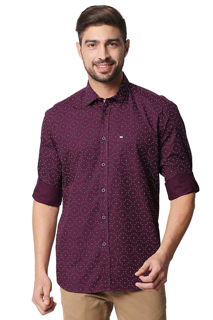 BASICS SLIM FIT GRAPE WINE POPLIN PRINTED SHIRT