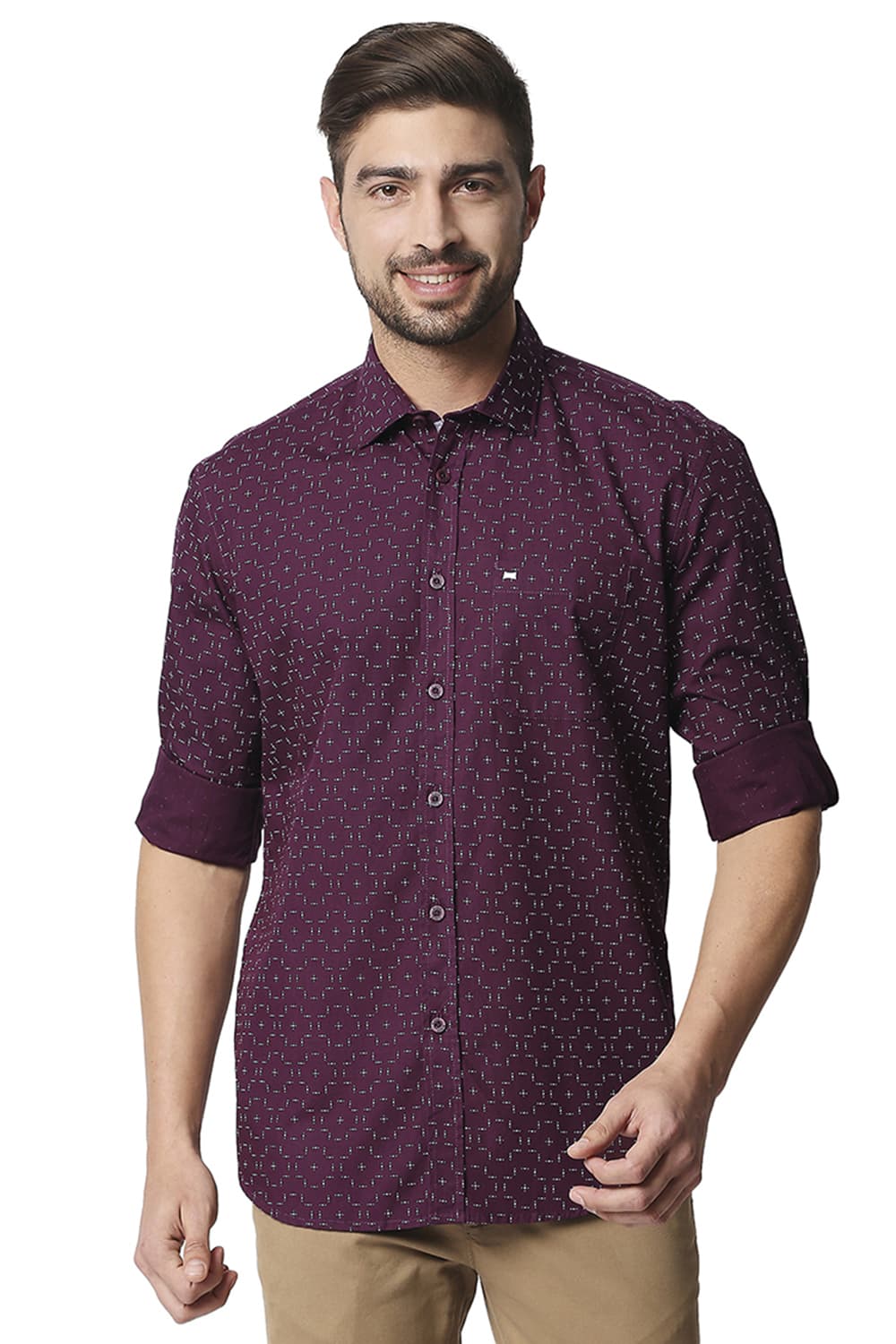 BASICS SLIM FIT POPLIN PRINTED SHIRT