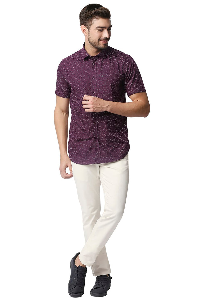 BASICS SLIM FIT POPLIN PRINTED HALFSLEEVES SHIRT