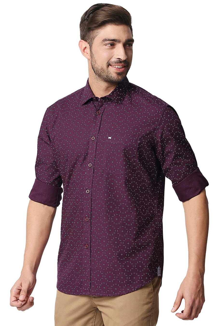 BASICS SLIM FIT GRAPE WINE POPLIN PRINTED SHIRT