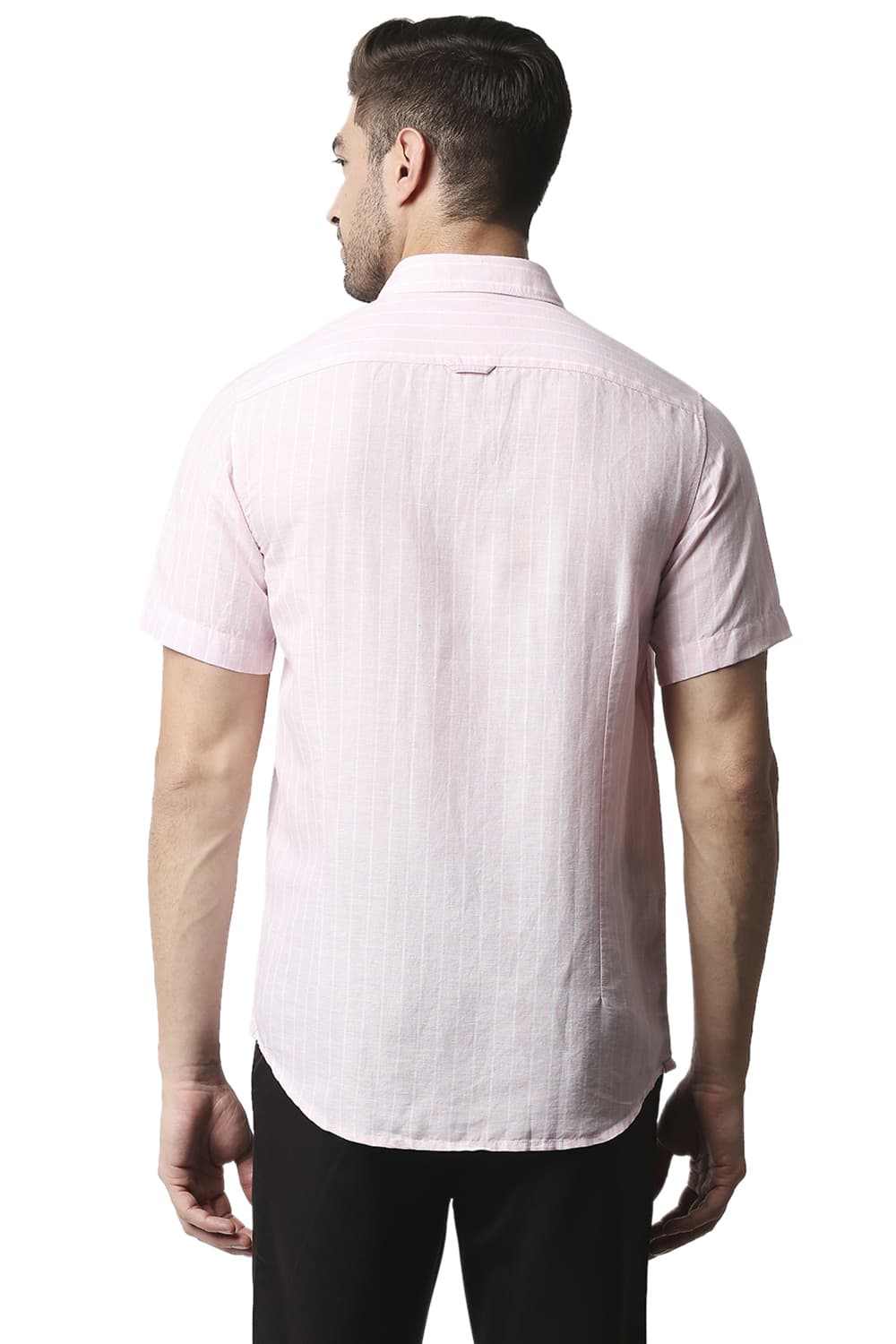 BASICS SLIM FIT COTTON LINEN STRIPE HALFSLEEVES SHIRT