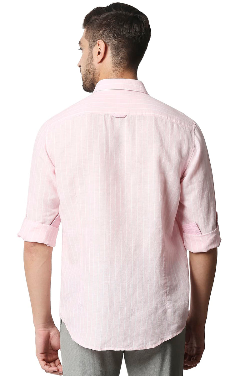 BASICS SLIM FIT COTTON LINEN STRIPE SHIRT