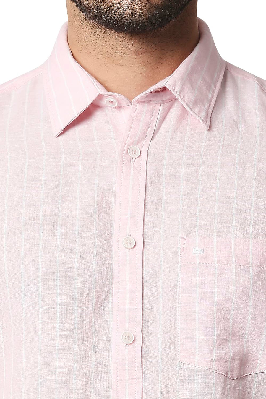 BASICS SLIM FIT CARDLE PINK COTTON LINEN STRIPE SHIRT