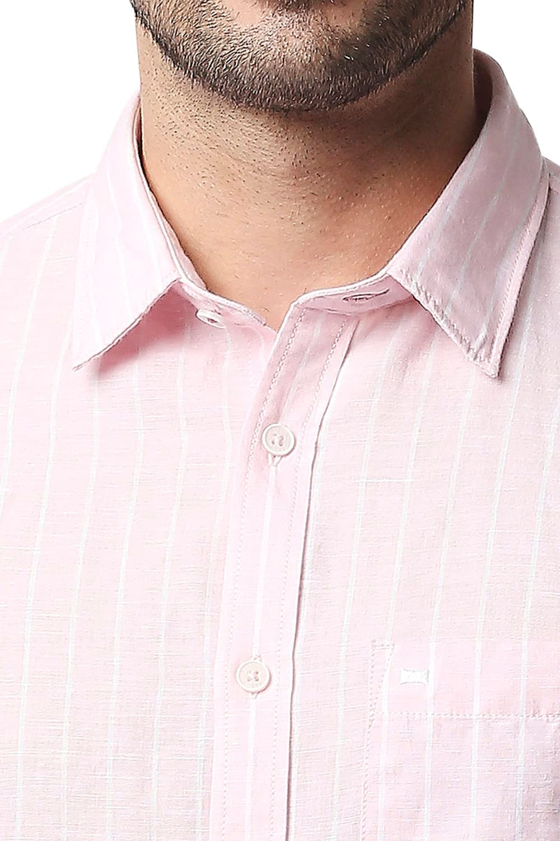 BASICS SLIM FIT COTTON LINEN STRIPE HALFSLEEVES SHIRT