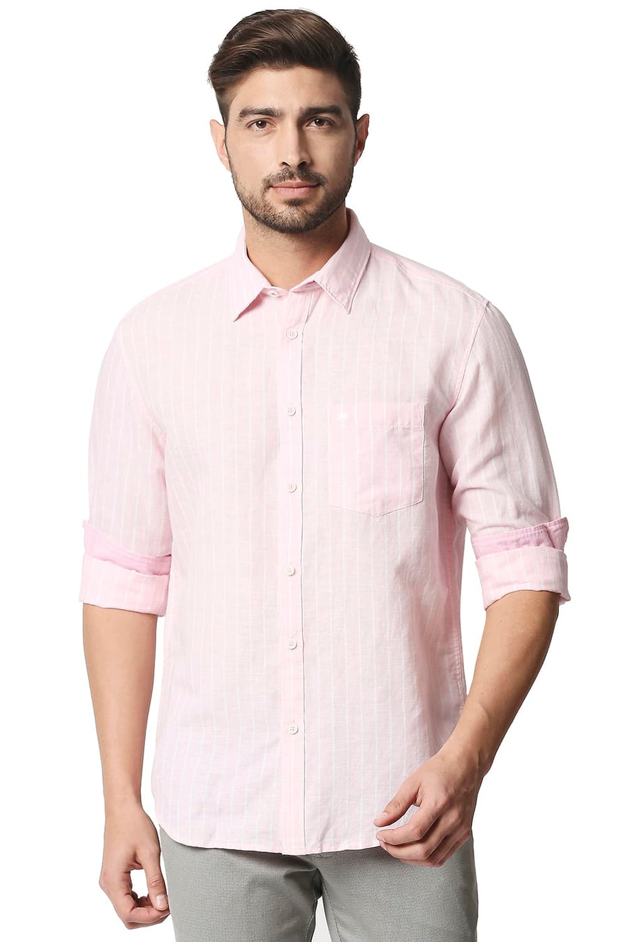 BASICS SLIM FIT CARDLE PINK COTTON LINEN STRIPE SHIRT